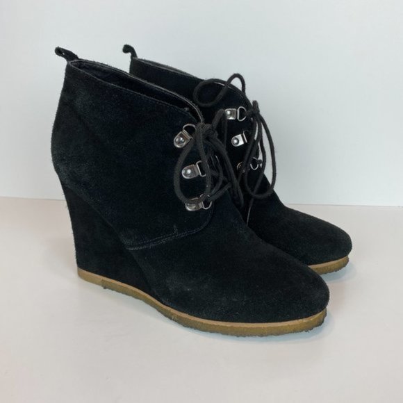 Steve‎ Madden Wedge Ankle Booties 8 Black Suede Leather Tanngoo Lace Up - Picture 11 of 11